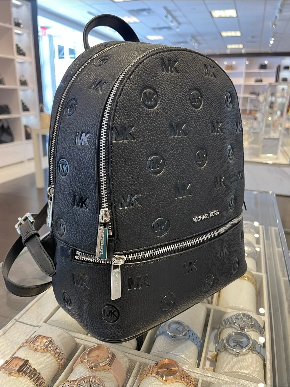 Michael Kors Rhea Medium Zip MK Logo Debossed Backpack Black NWT
